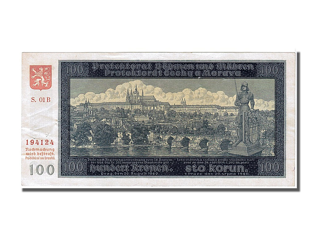 Bohemia and Moravia, 100 Korun, 1940, KM #7a, 1940-08-20, AU(50-53), S.01B