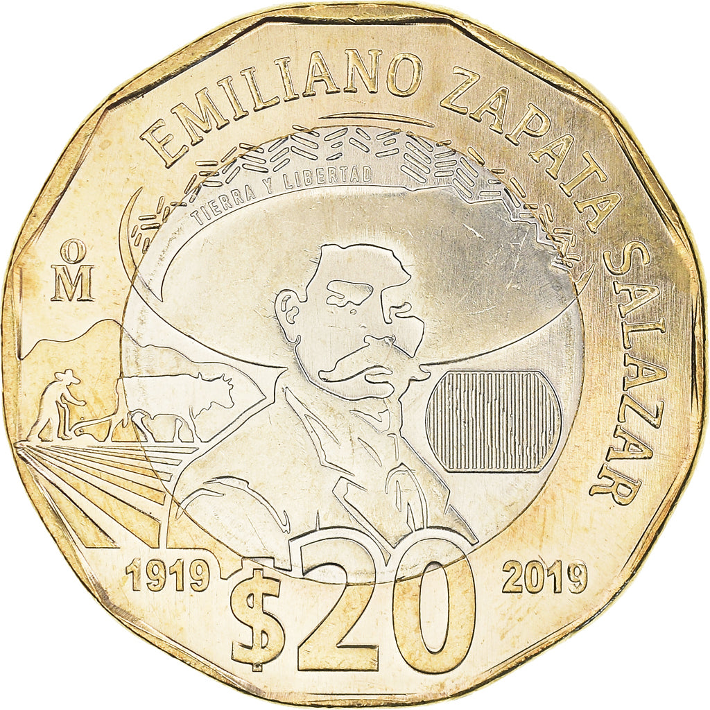Coin, Mexico, Emiliano Zapata Salazar, 20 Pesos, 2019, MS(63), Bimétallique :