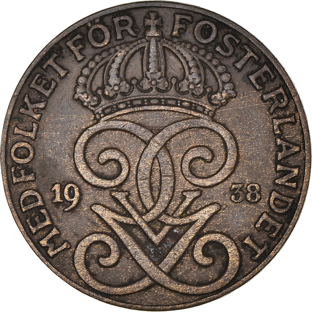 Coin, Sweden, Gustaf V, 2 Öre, 1938, AU(50-53), Bronze, KM:778