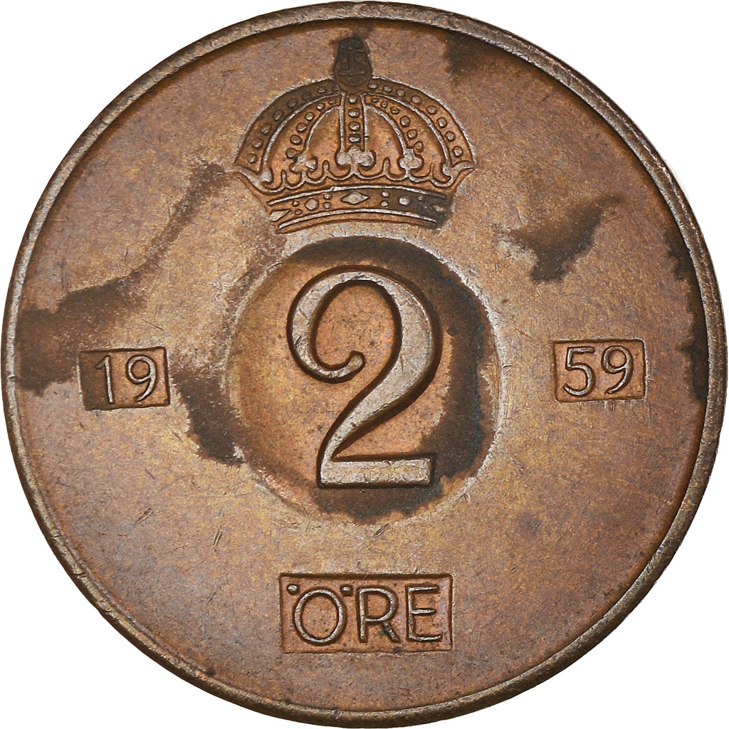 Coin, Sweden, Gustaf VI, 2 Öre, 1959, VF(30-35), Bronze, KM:821