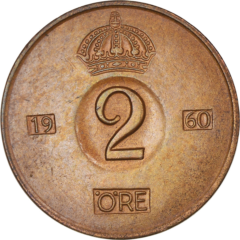 Coin, Sweden, Gustaf VI, 2 Öre, 1960, EF(40-45), Bronze, KM:821