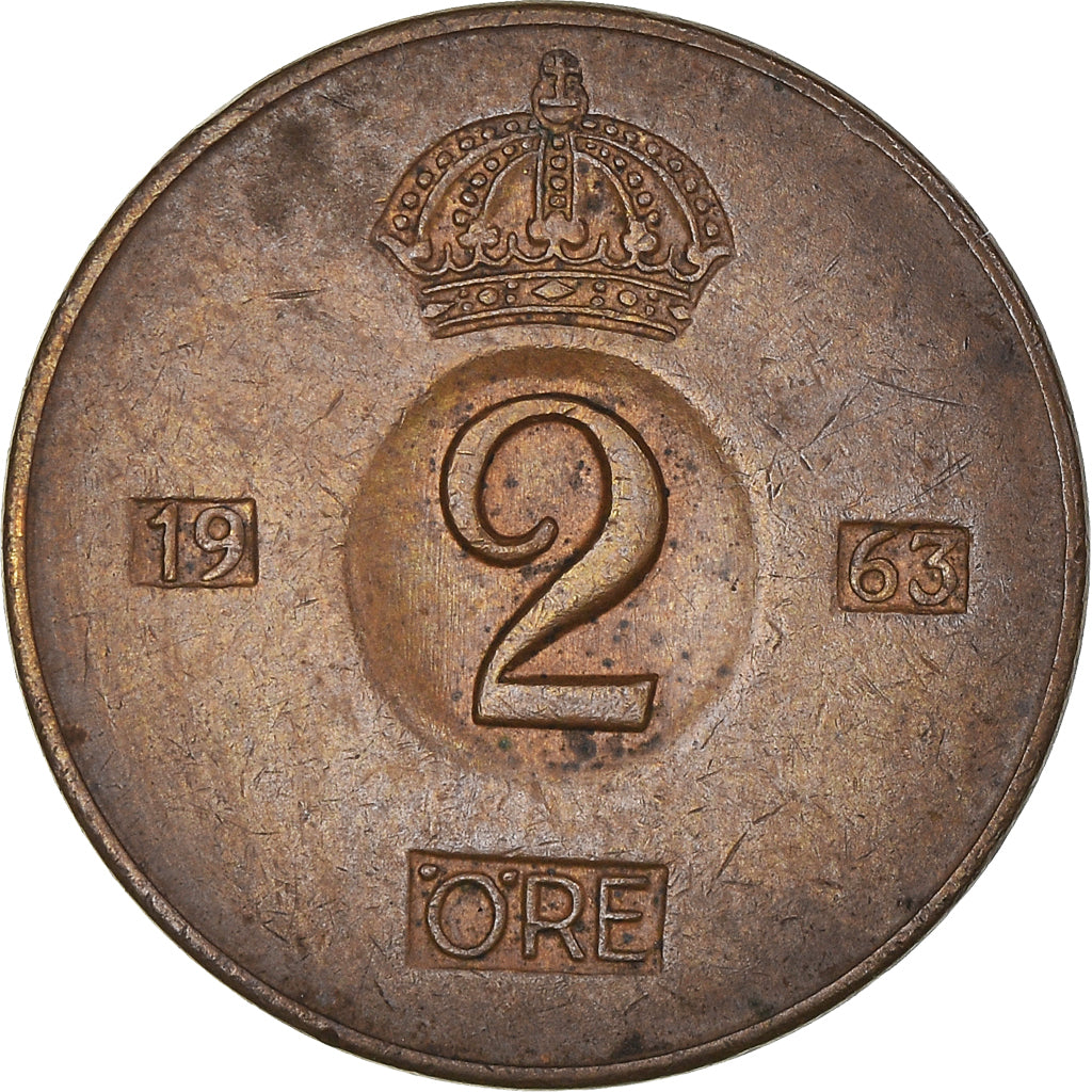 Coin, Sweden, Gustaf VI, 2 Öre, 1963, VF(30-35), Bronze, KM:821