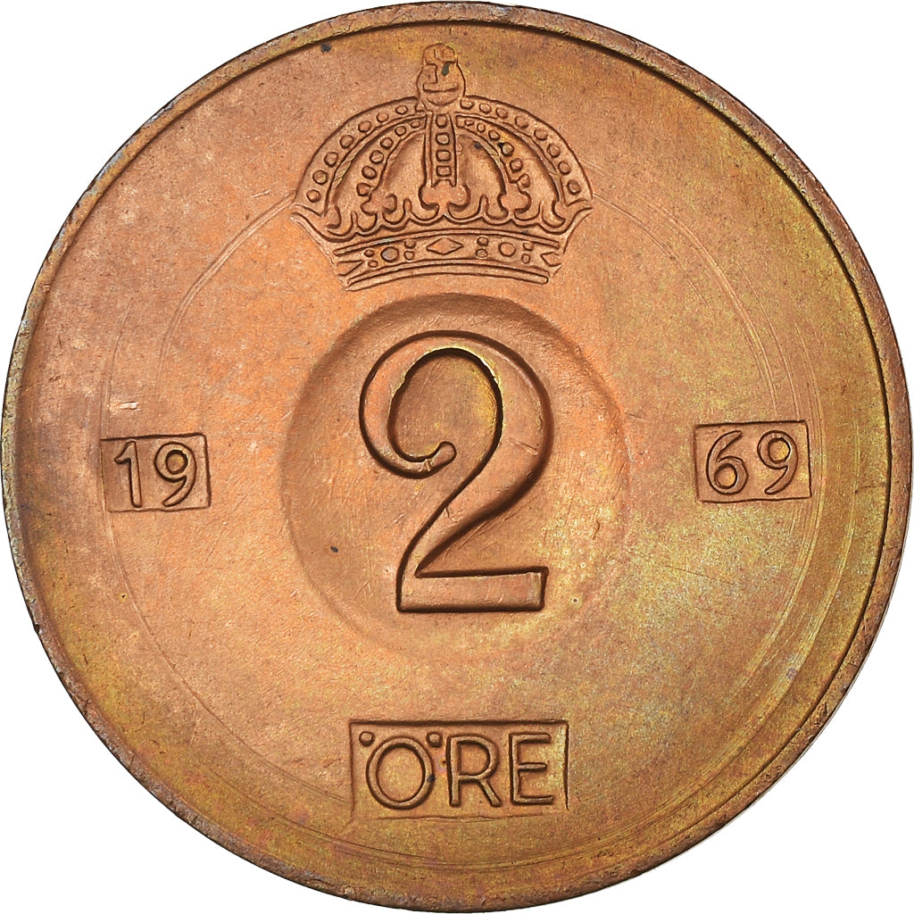Coin, Sweden, Gustaf VI, 2 Öre, 1969, EF(40-45), Bronze, KM:821