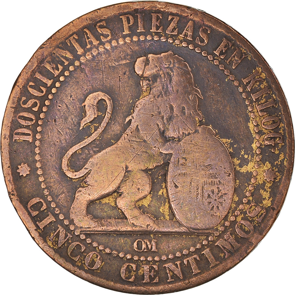 Moneta, Spagna, Provisional Government, 5 Centimos, 1870, MB, Rame, KM:662