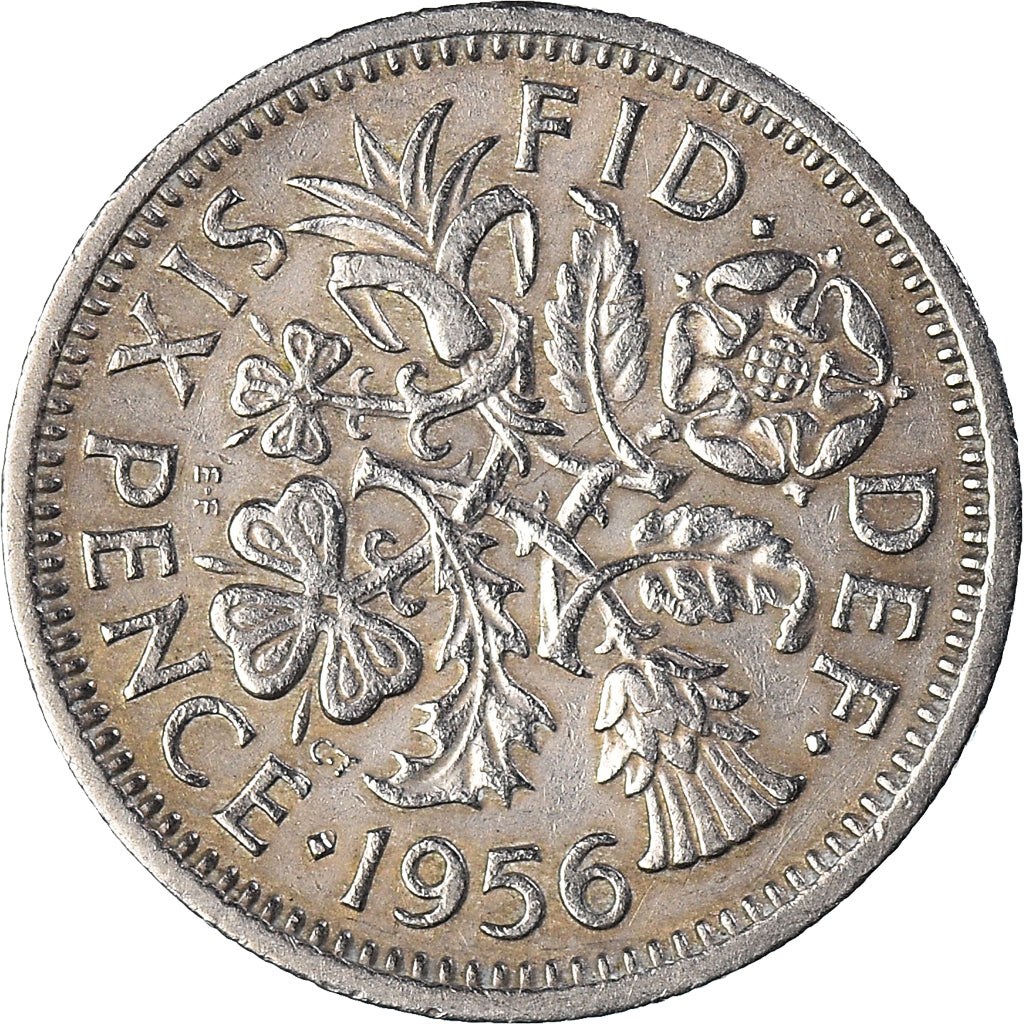 Coin, Great Britain, Elizabeth II, 6 Pence, 1956, VF(20-25), Copper-nickel