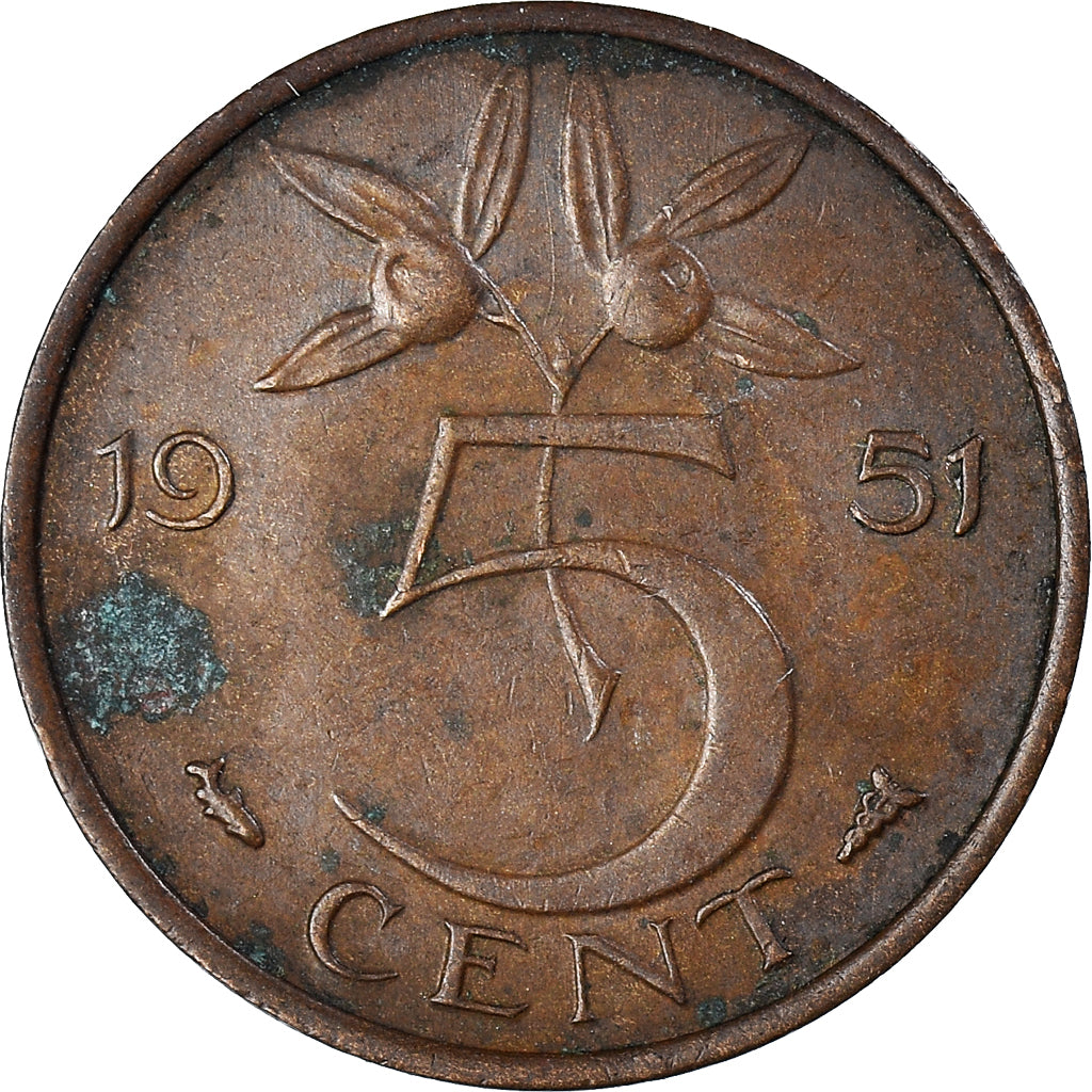 Coin, Netherlands, Juliana, 5 Cents, 1951, EF(40-45), Bronze, KM:181