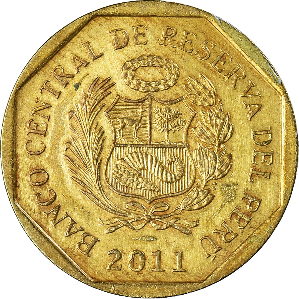 Moneta, Peru, 10 Centimos, 2011, Lima, AU(55-58), Mosiądz, KM:305.4