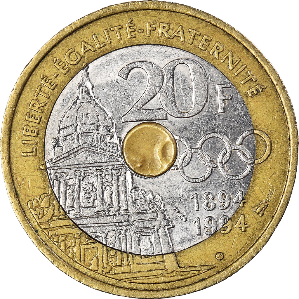 Munten, Frankrijk, Pierre de Coubertin, 20 Francs, 1994, ZF, Tri-Metallic