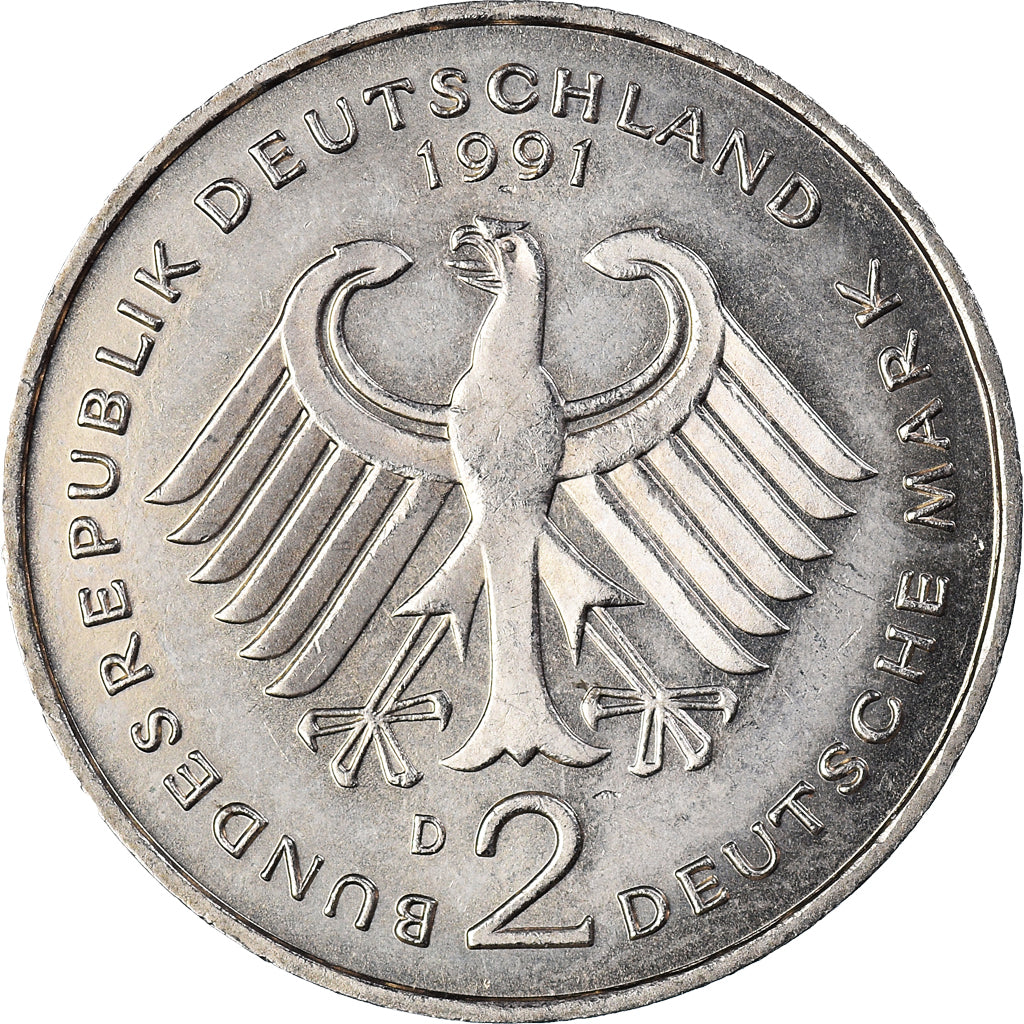 Coin, GERMANY - FEDERAL REPUBLIC, 2 Mark, 1991, Munich, EF(40-45), Copper-Nickel