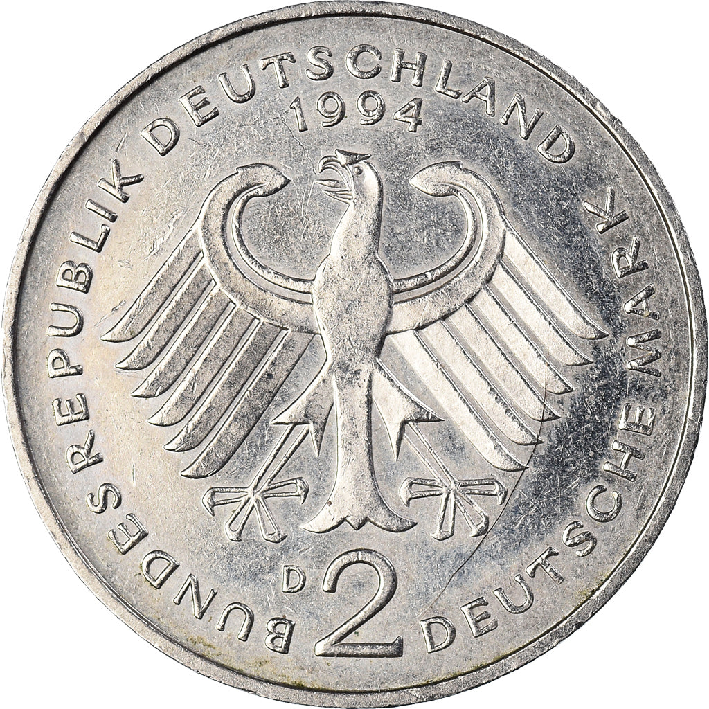 Coin, GERMANY - FEDERAL REPUBLIC, 2 Mark, 1994, Munich, EF(40-45), Copper-Nickel