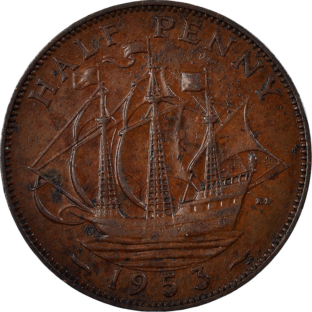 Coin, Great Britain, Elizabeth II, 1/2 Penny, 1953, VF(20-25), Bronze, KM:882