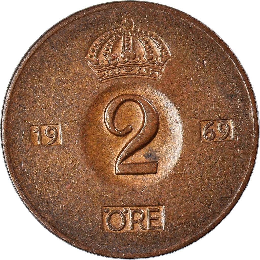Coin, Sweden, Gustaf VI, 2 Öre, 1969, VF(30-35), Bronze, KM:821