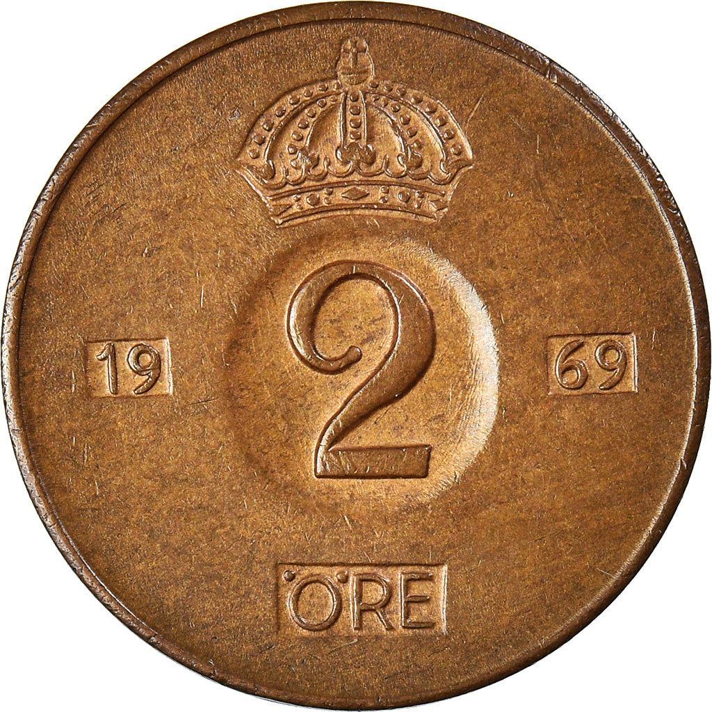 Coin, Sweden, Gustaf VI, 2 Öre, 1969, VF(30-35), Bronze, KM:821