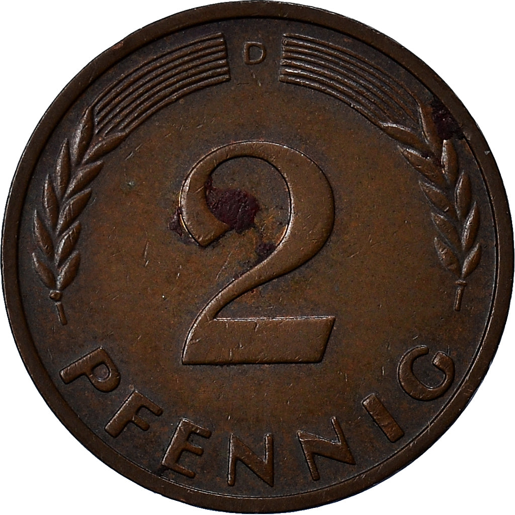 Moneda, ALEMANIA - REPÚBLICA FEDERAL, 2 Pfennig, 1965, Munich, BC+, Bronce