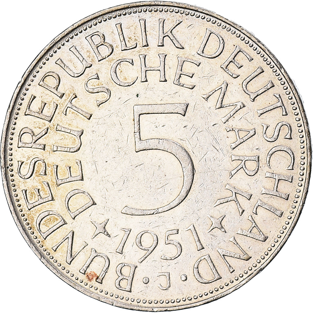 Coin, GERMANY - FEDERAL REPUBLIC, 5 Mark, 1951, Hambourg, EF(40-45), Silver