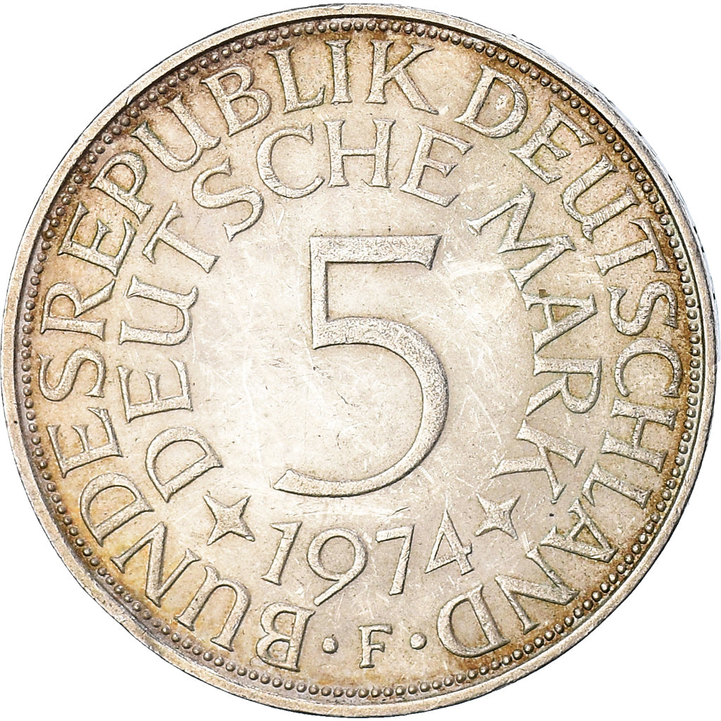 Coin, GERMANY - FEDERAL REPUBLIC, 5 Mark, 1974, Stuttgart, EF(40-45), Silver