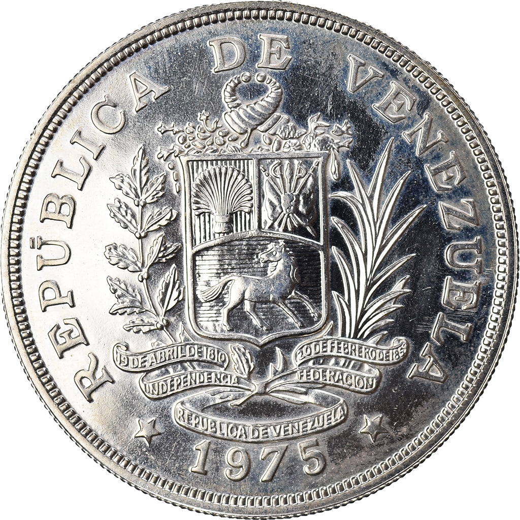 Coin, Venezuela, 50 Bolivares, 1975, British Royal Mint, MS(63), Silver, KM:47