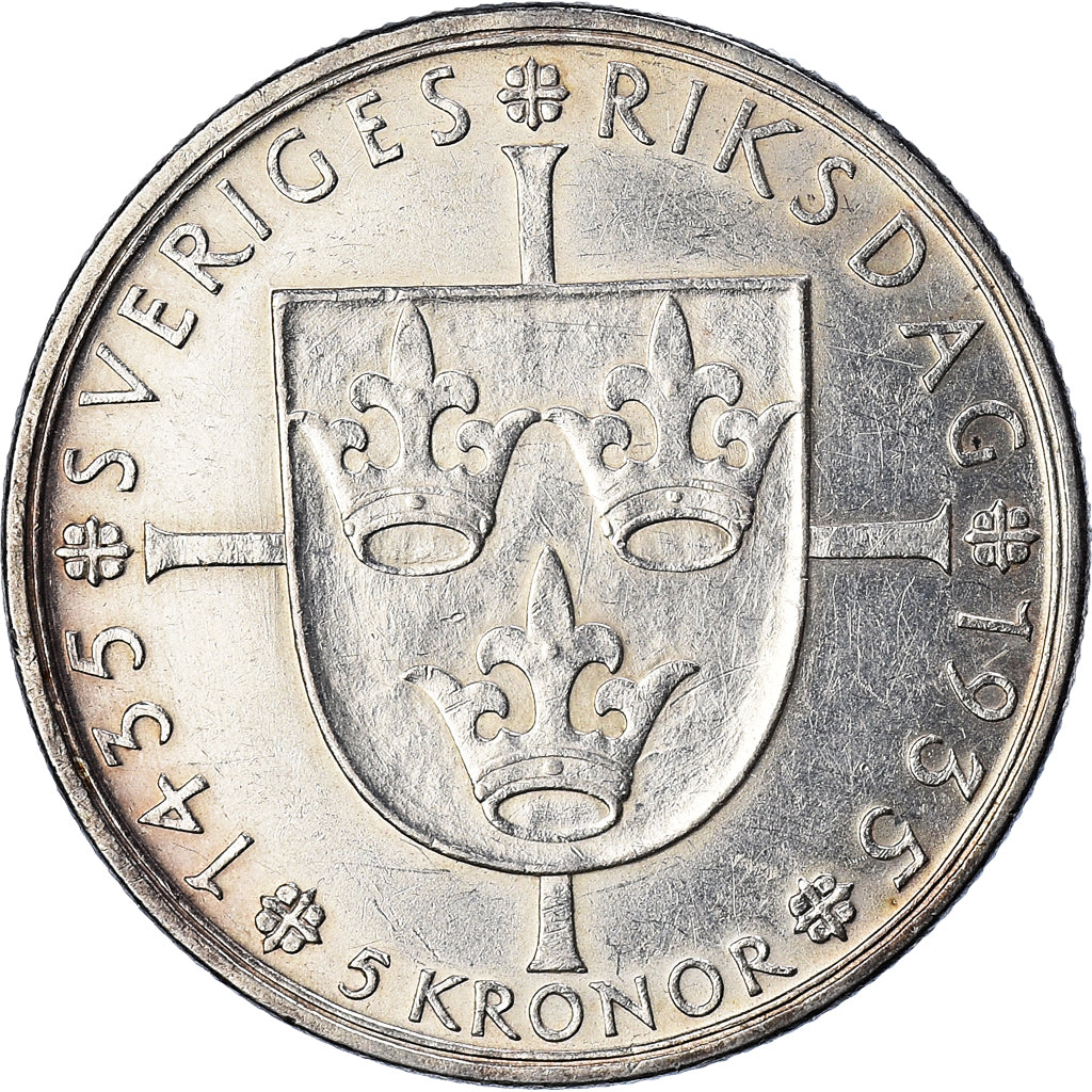 Coin, Sweden, Gustaf V, 5 Kronor, 1935, AU(50-53), Silver, KM:806