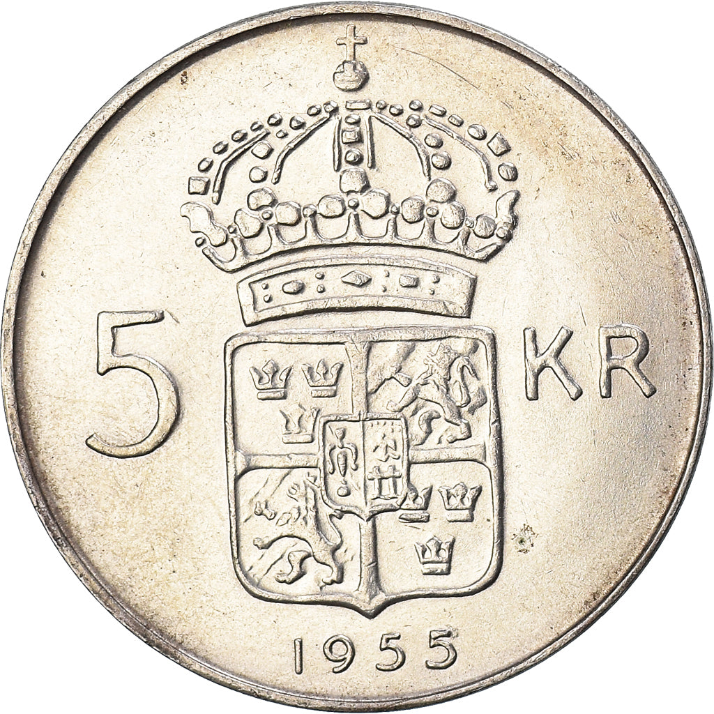 Coin, Sweden, Gustaf VI, 5 Kronor, 1955, AU(50-53), Silver, KM:829