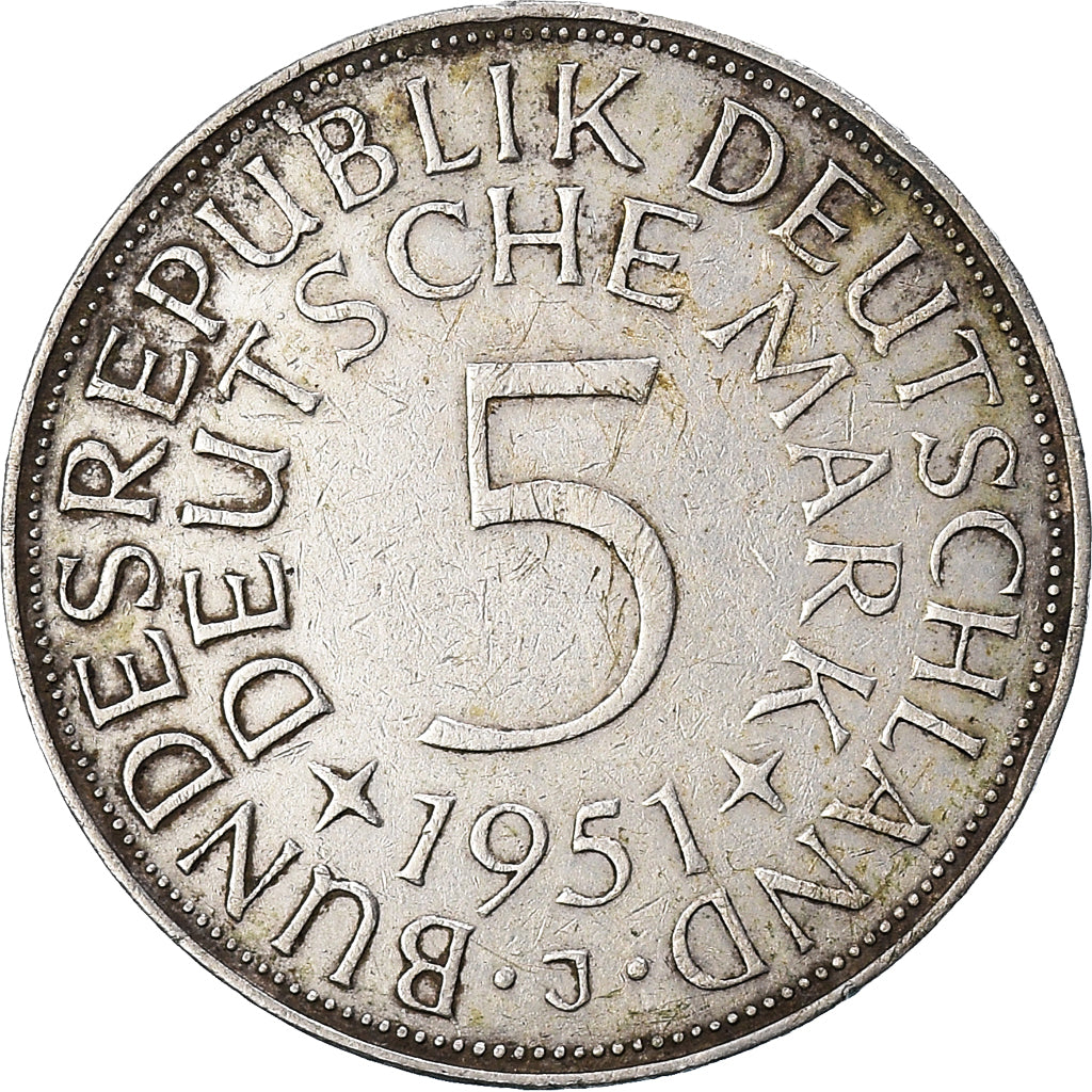 Coin, GERMANY - FEDERAL REPUBLIC, 5 Mark, 1951, Hambourg, VF(30-35), Silver