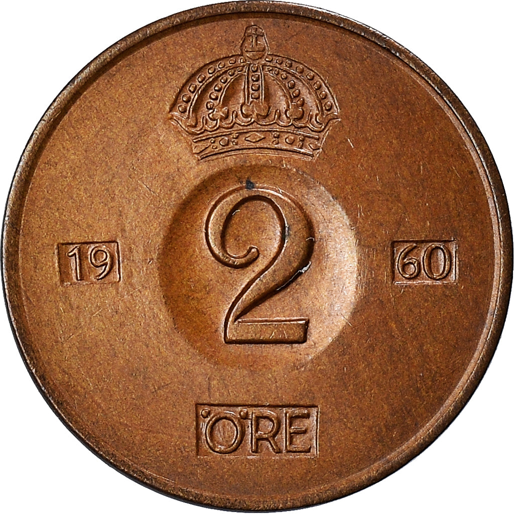 Coin, Sweden, Gustaf VI, 2 Öre, 1960, AU(55-58), Bronze, KM:821