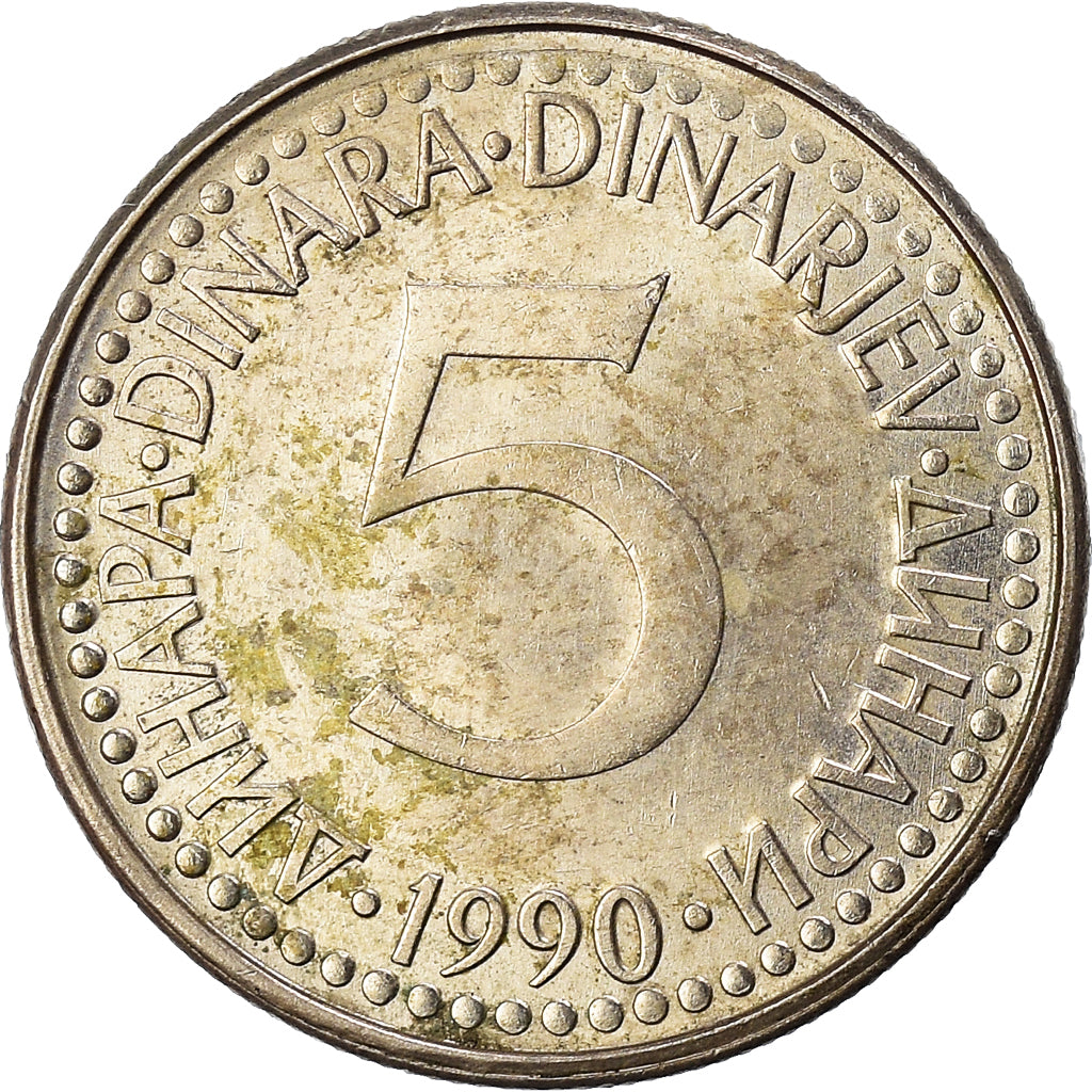Moneda, Yugoslavia, 5 Dinara, 1990, MBC, Cobre - níquel - cinc, KM:144