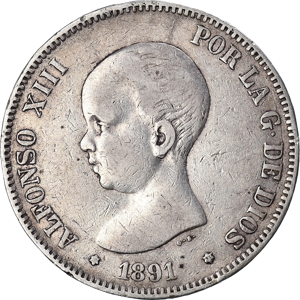 Coin, Spain, Alfonso XIII, 5 Pesetas, 1891, EF(40-45), Silver, KM:689