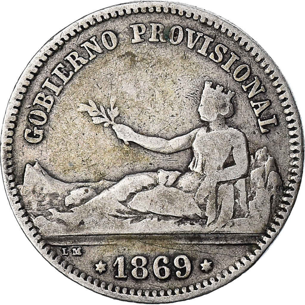 Moneda, España, Provisional Government, Peseta, 1869, Madrid, BC+, Plata