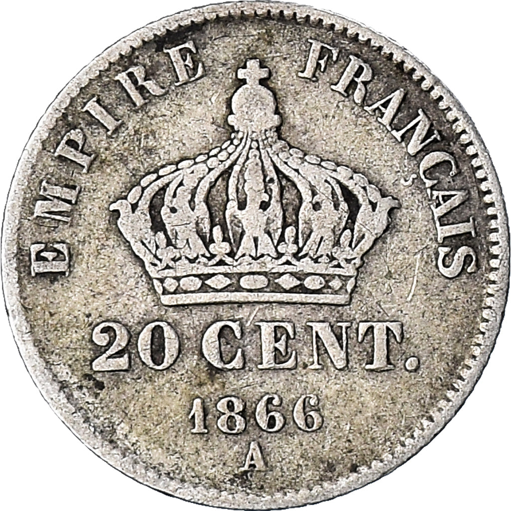 Moneda, Francia, Napoleon III, Napoléon III, 20 Centimes, 1866, Paris, BC+