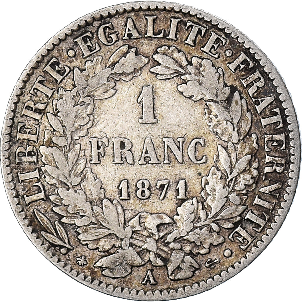 Moeda, França, Cérès, Franc, 1871, Paris, VF(20-25), Prata, KM:822.1
