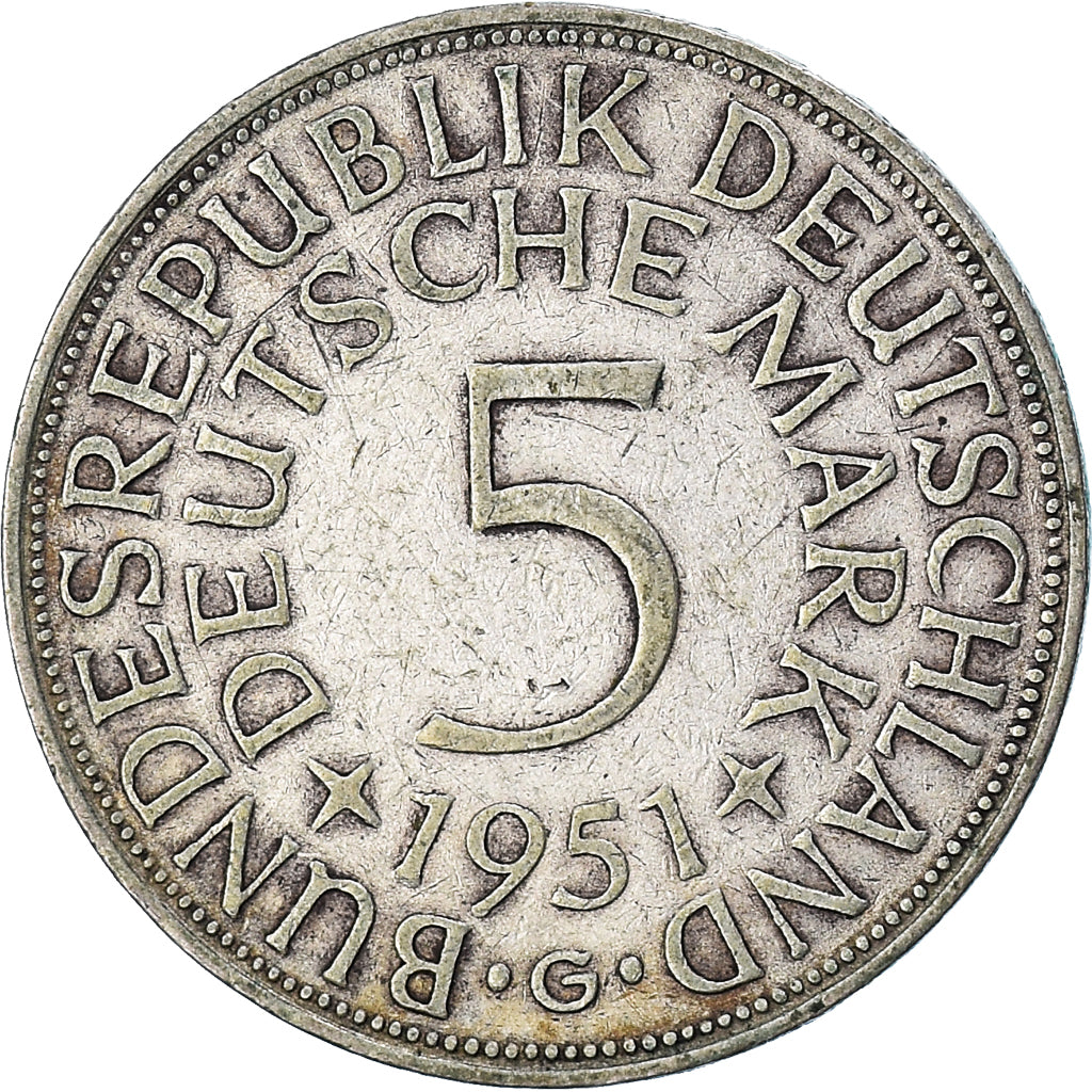 Moeda, ALEMANHA - REPÚBLICA FEDERAL, 5 Mark, 1951, Karlsruhe, VF(30-35), Prata