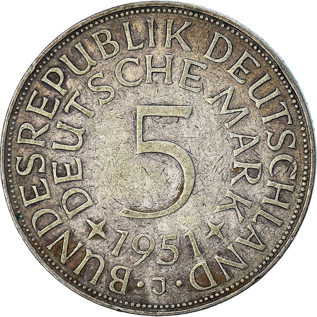 Coin, GERMANY - FEDERAL REPUBLIC, 5 Mark, 1951, Hambourg, VF(30-35), Silver
