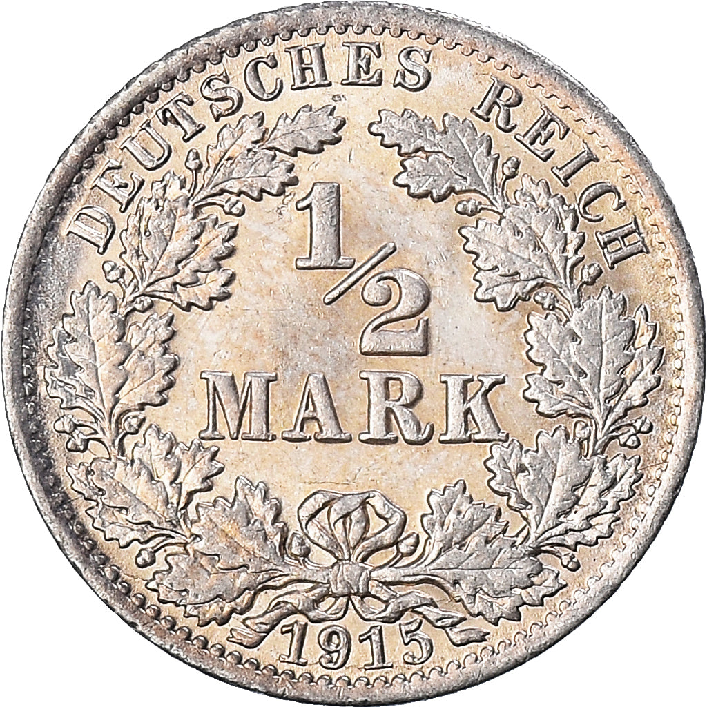 Coin, GERMANY - EMPIRE, 1/2 Mark, 1915, Berlin, MS(63), Silver, KM:17
