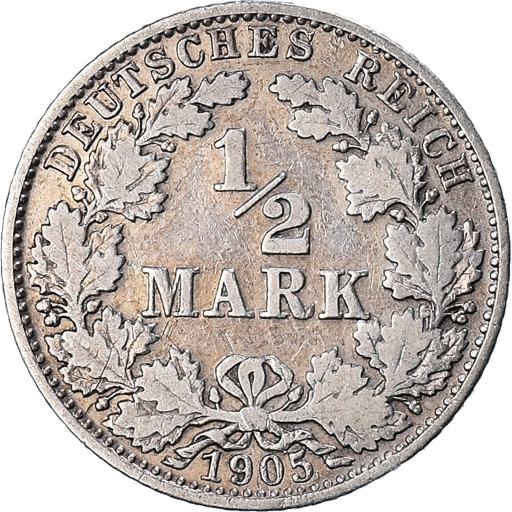 Coin, GERMANY - EMPIRE, 1/2 Mark, 1905, Karlsruhe, EF(40-45), Silver, KM:17