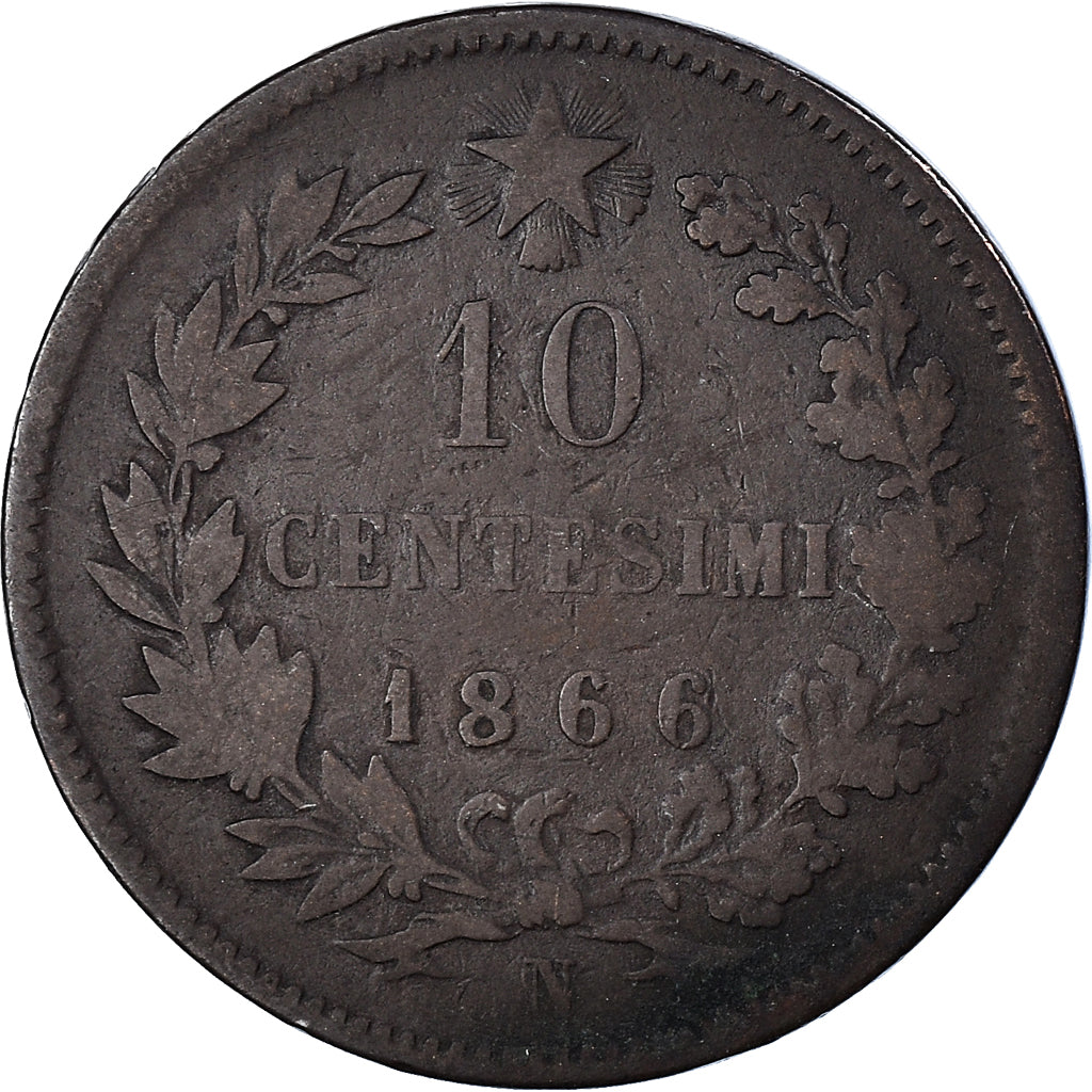 Moneda, Italia, Vittorio Emanuele II, 10 Centesimi, 1866, Naples, BC+, Cobre