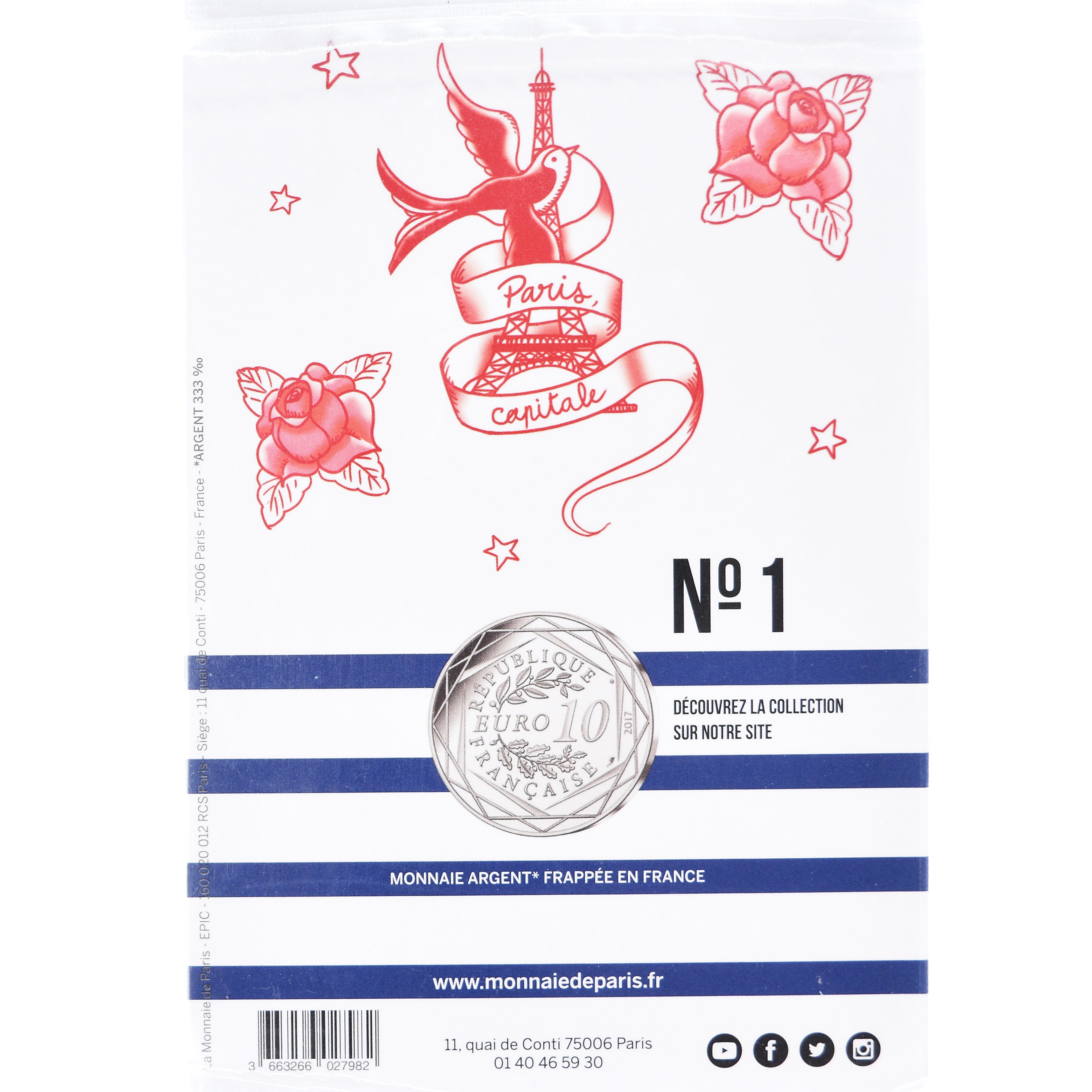 France, 10 Euro, Jean Paul Gaultier, 2017, 1, MS(65-70), Silver