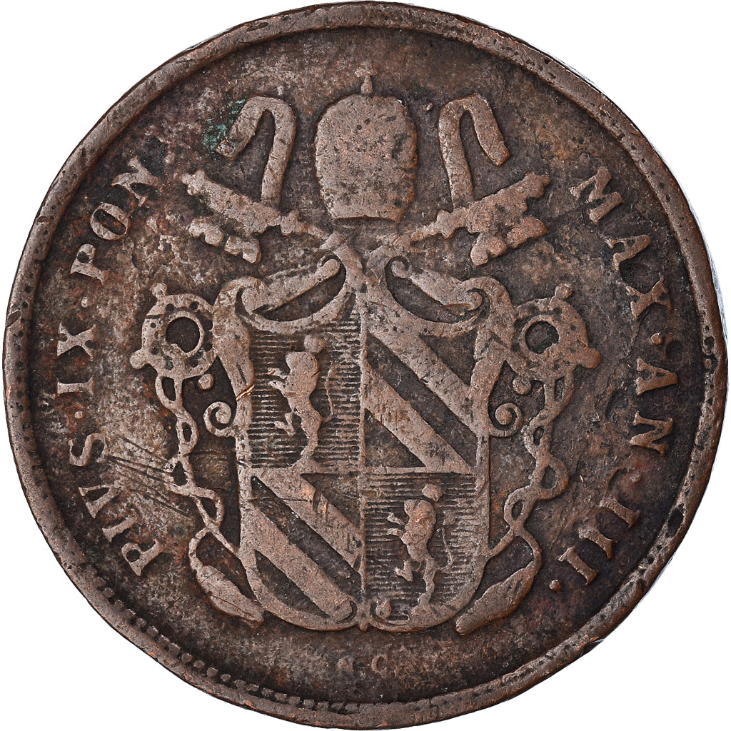 Moeda, ESTADOS ITALIANOS, PAPAL STATES, Pius IX, 2 Baiocchi, Muraiola, 1848