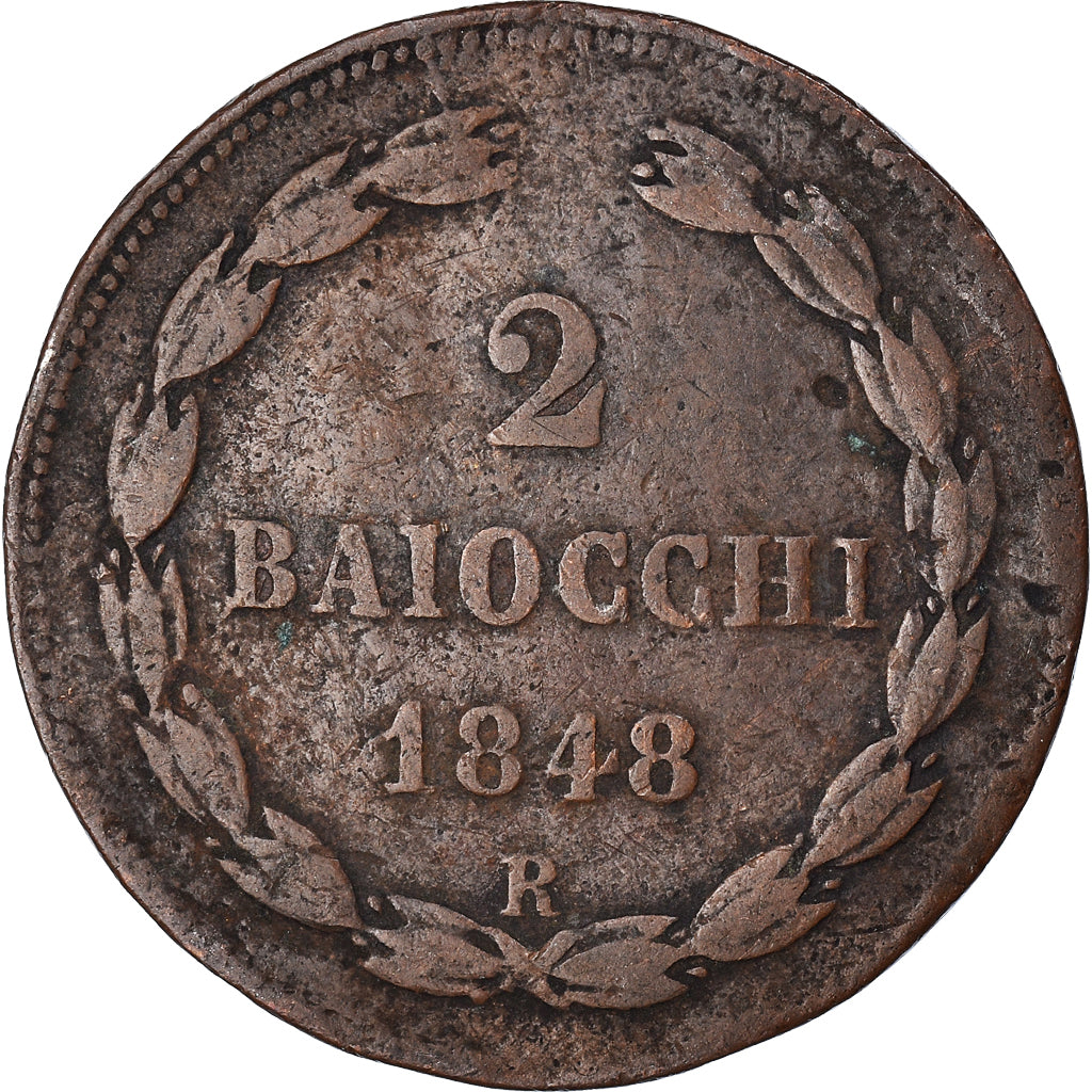 Moeda, ESTADOS ITALIANOS, PAPAL STATES, Pius IX, 2 Baiocchi, Muraiola, 1848