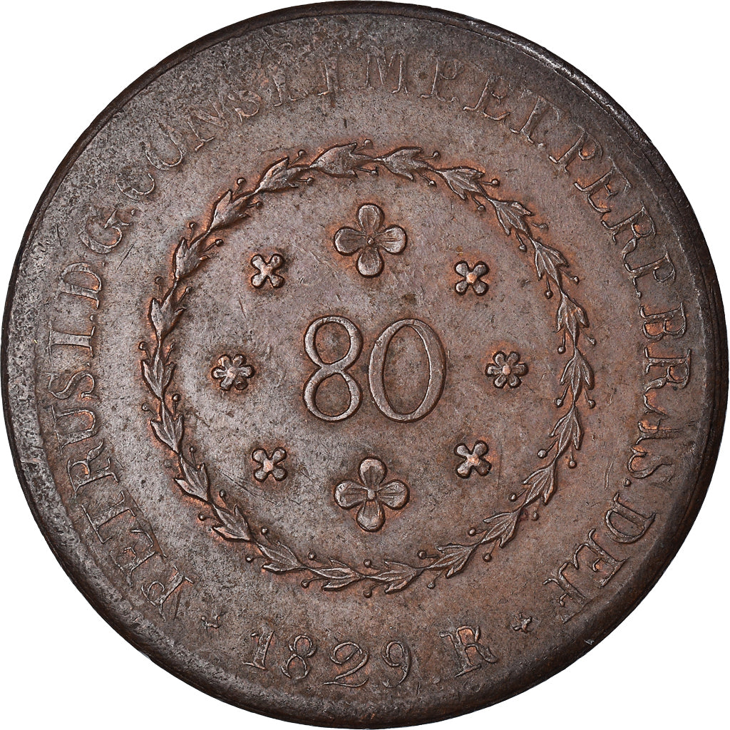 Moneda, Brasil, Pedro I, 80 Reis, 1829, Bahia, MBC, Cobre, KM:366.2