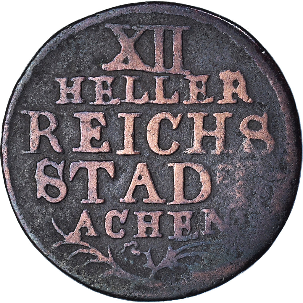 Coin, German States, AACHEN, 12 Heller, 1765, VF(20-25), Copper, KM:51