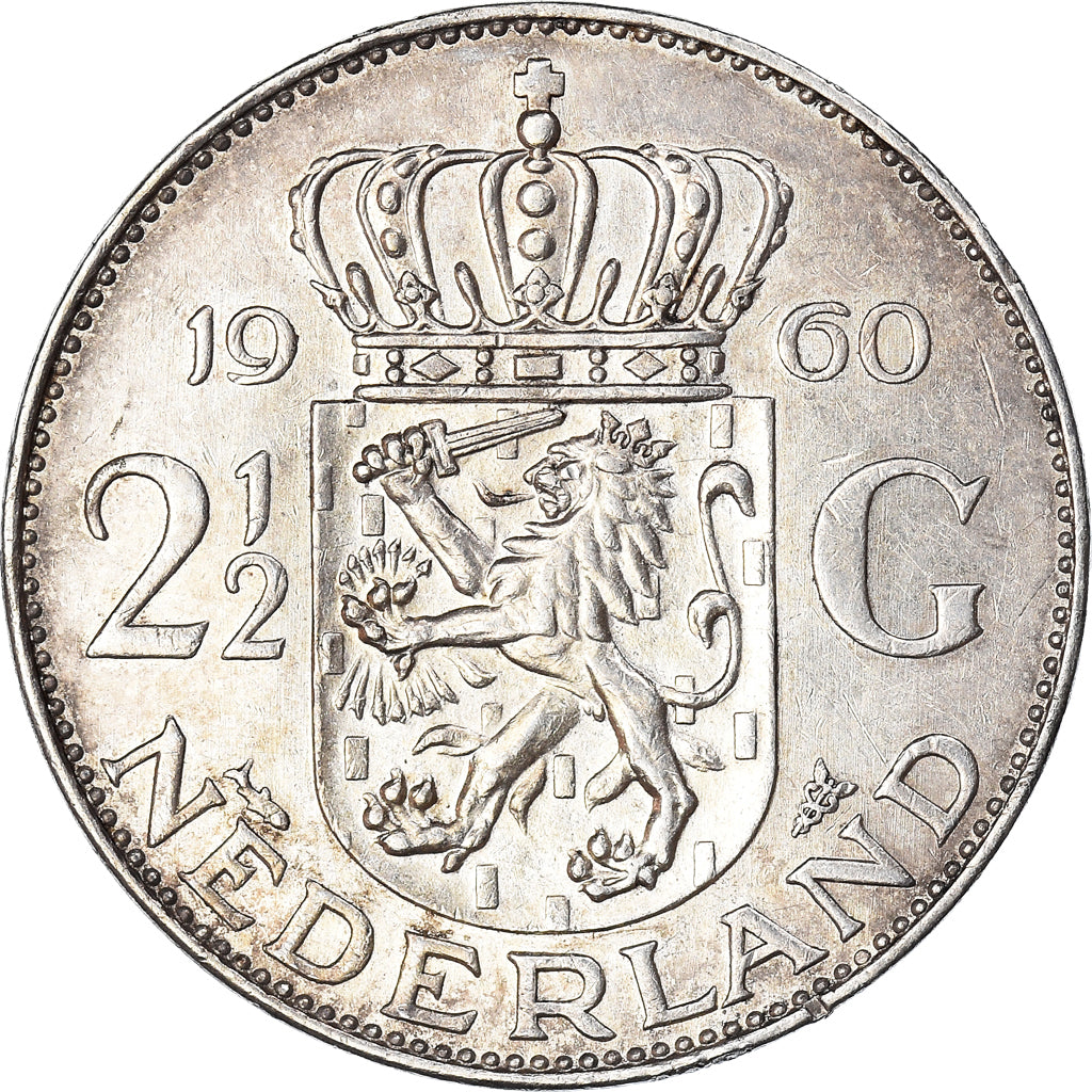 Coin, Netherlands, Juliana, 2-1/2 Gulden, 1960, AU(50-53), Silver, KM:185