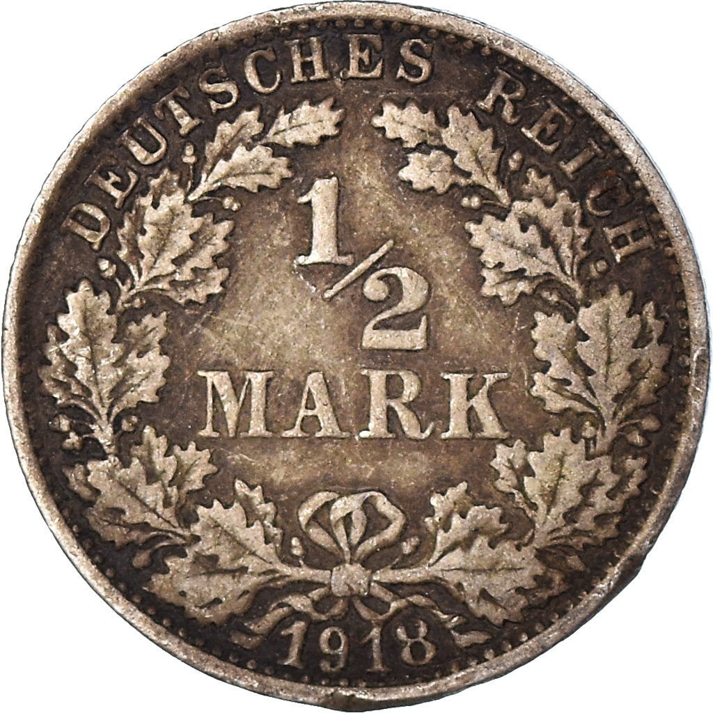 Coin, German States, 1/2 Mark, 1918, Stuttgart, EF(40-45), Silver, KM:17