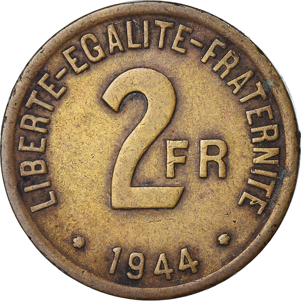 Moneta, Francia, France Libre, 2 Francs, 1944, Philadelphia, BB, Ottone, KM:905