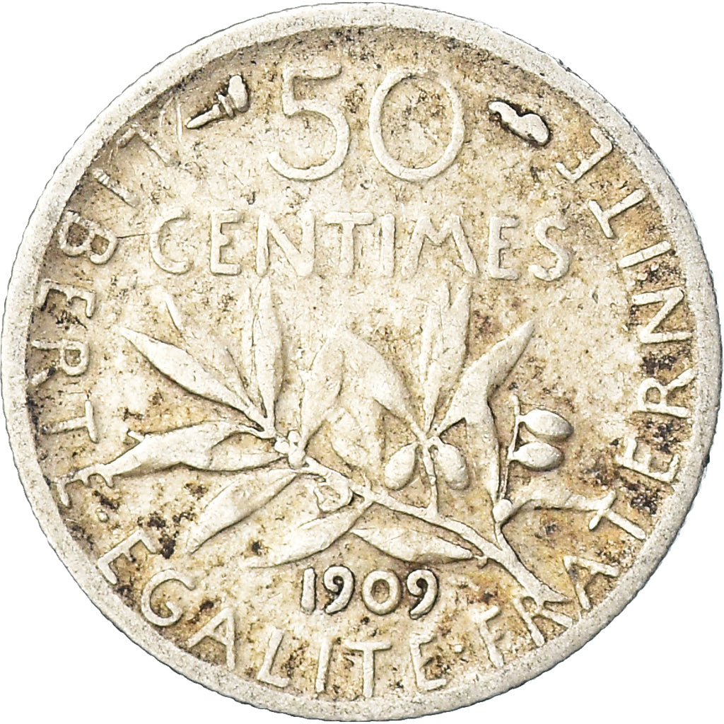 Moneta, Francia, Semeuse, 50 Centimes, 1909, Paris, B+, Argento, KM:854
