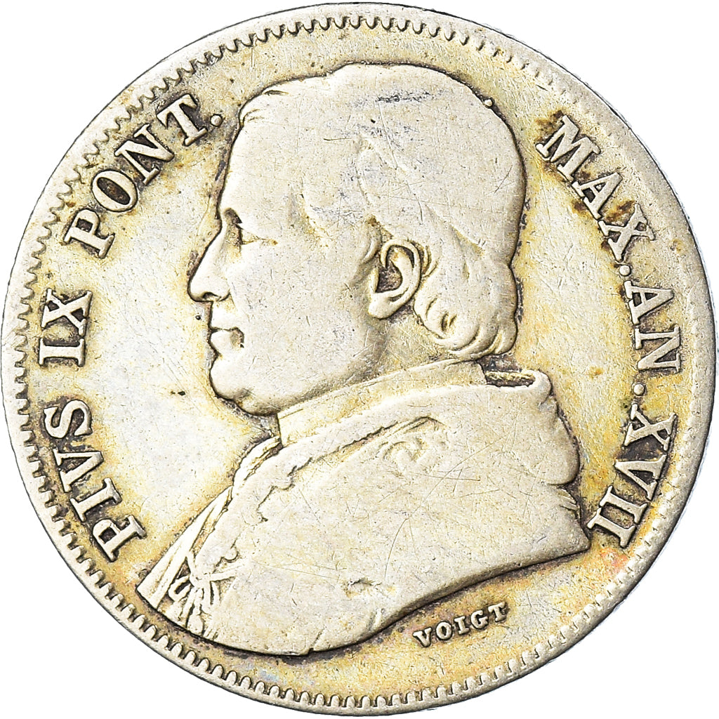 Moneda, Estados italianos, PAPAL STATES, Pius IX, 20 Baiocchi, 1862, Rome, BC+