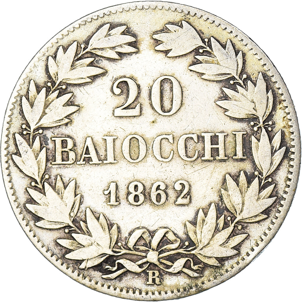 Moneda, Estados italianos, PAPAL STATES, Pius IX, 20 Baiocchi, 1862, Rome, BC+