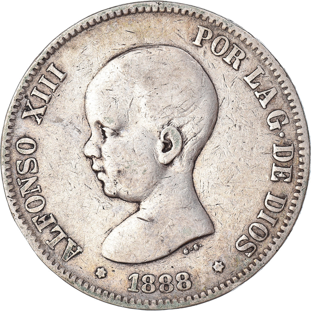 Moneda, España, Alfonso XIII, 5 Pesetas, 1888, Madrid, BC+, Plata, KM:689