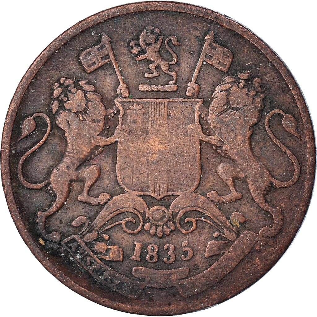 Coin, INDIA-BRITISH, 1/4 Anna, 1835, Calcutta, VF(20-25), Copper, KM:446.2