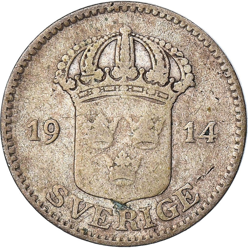 Moneda, Suecia, Gustaf V, 25 Öre, 1914, BC+, Plata, KM:785
