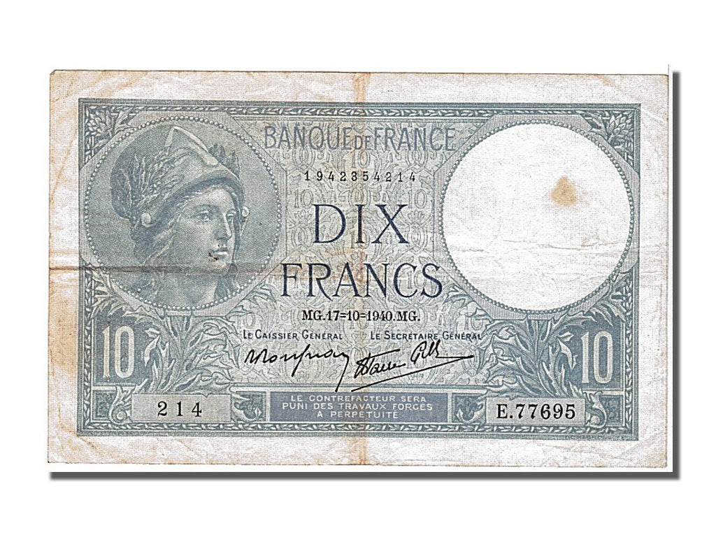 France, 10 Francs, 10 F 1916-1942 ''Minerve'', 1940, KM #84, 1940-10-17,...